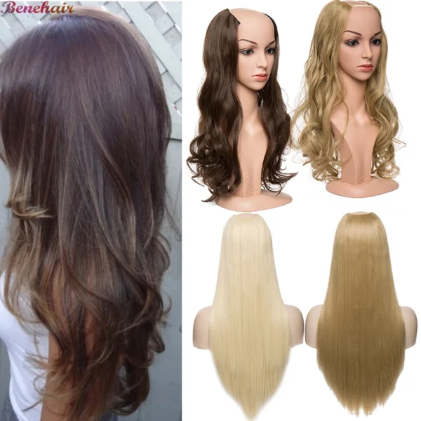 Human Hair Half Wigs U-Shape Clips Long Straight Wavy Curly Extension