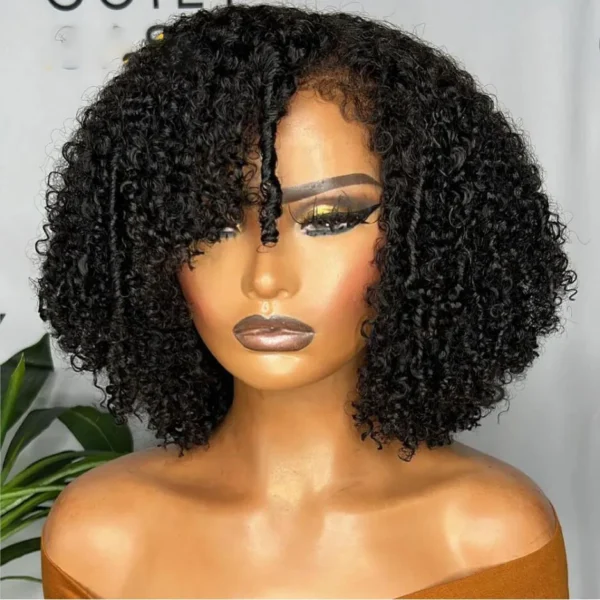Human Hair Half Wigs Short Bob Black Kinky Curly 180 Density