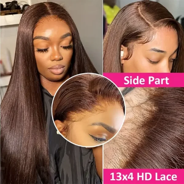 Human Hair Half Wigs Chocolate Brown Straight Lace Front Pre-Plucked - Image 2