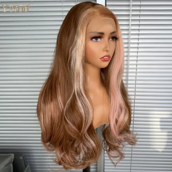 Long Brown Pink Body Wave Synthetic Lace Front Wig For Women - Image 4