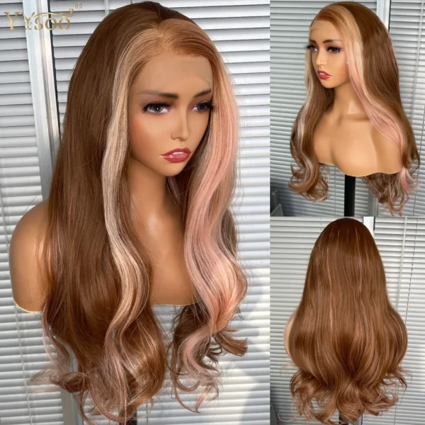 Long Brown Pink Body Wave Synthetic Lace Front Wig For Women