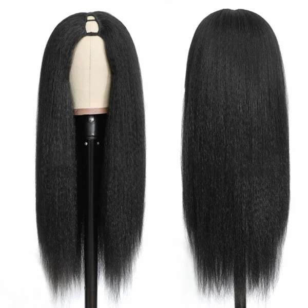 Human Hair Half Wigs Kinky Straight U Part Long Black Wig - Image 3