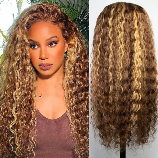 Human Hair Half Wigs Highlight Ombre Lace Front Curly Wigs