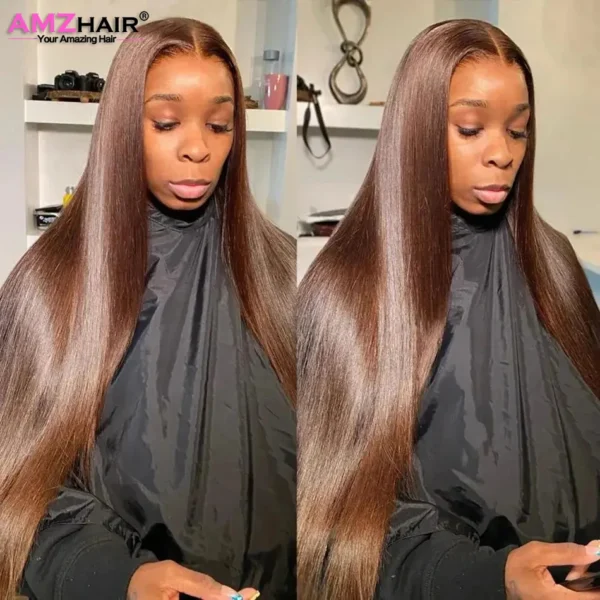 Human Hair Half Wigs Chocolate Brown Straight Lace Front Pre-Plucked