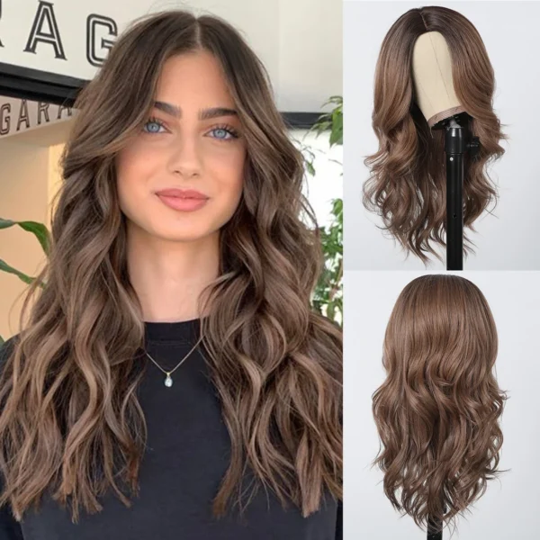 Human Hair Half Wigs Long Wavy Brown Middle Part Heat Resistant