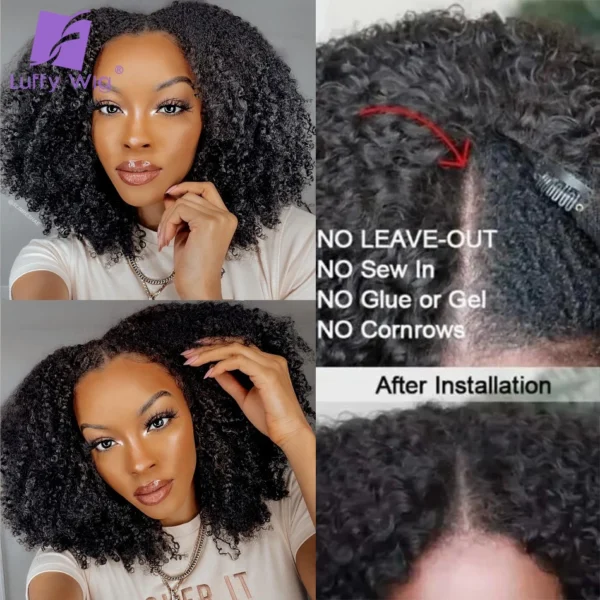 Human Hair Half Wigs Afro Kinky Curly V Part Glueless Short - Image 5