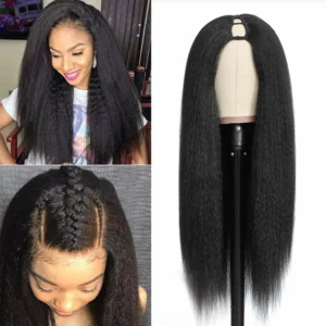 Human Hair Half Wigs Synthetic V Part Kinky Yaki Straight 30 Inch