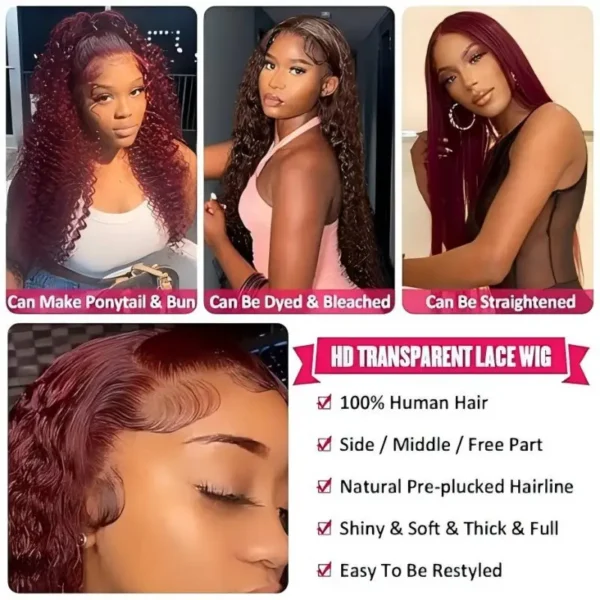 Half Wigs 250% Density, 30-40 Inch, Burgundy Deep Wave - Image 2