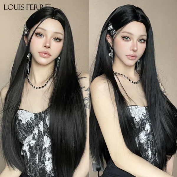 Human Hair Half Wigs Black Middle Part Long Straight