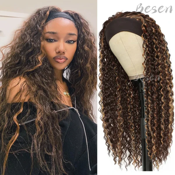 Human Hair Half Wigs Long Brown Water Wave Curly Headband