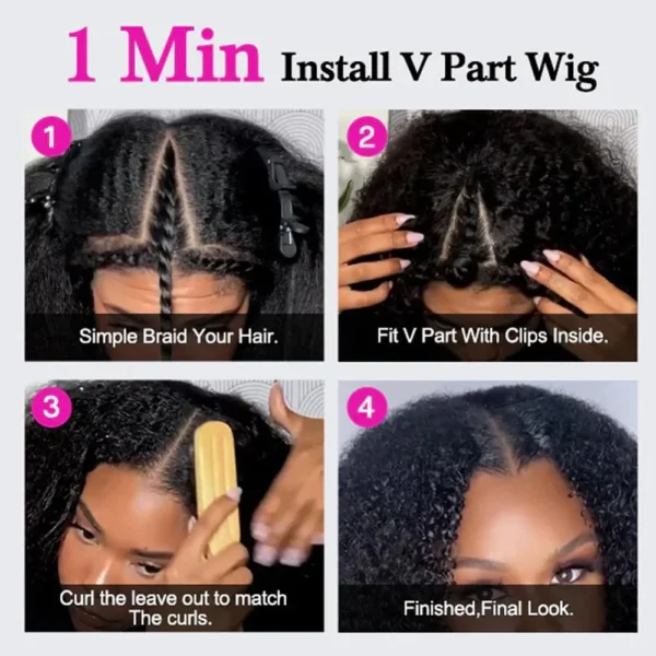 Half Wigs V Part, Kinky Curly, 180% Density, No Glue, Clip-In - Image 2